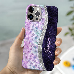 人魚の肌の紫色シルバーの疑似ラメ入りモノグラム Case-Mate iPhone 14ケース