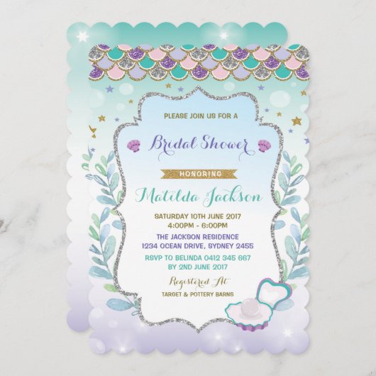 人魚の花嫁のシャワー招待状 ビーチ オーシャンパーティー 招待状 (正面/裏面)