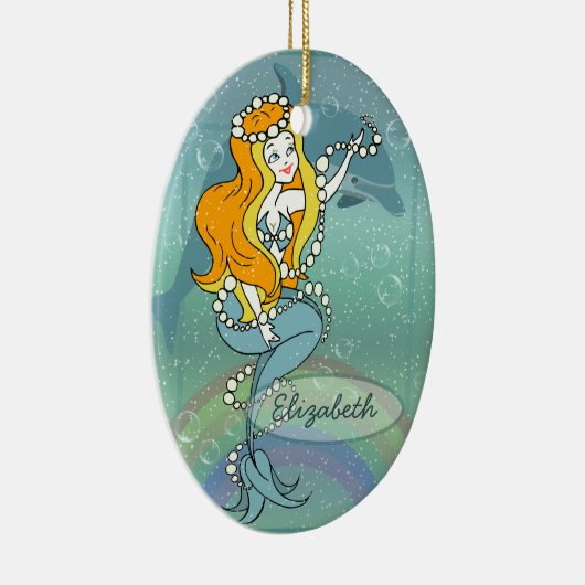 人魚の虹およびイルカのイラストレーションのデザイン セラミックオーナメント (右)