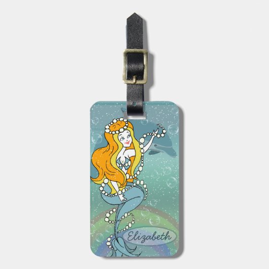人魚の虹およびイルカのイラストレーションのデザイン ラゲッジタグ (正面縦)