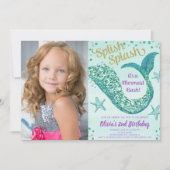人魚の誕生日のティール(緑がかった色)の紫色の金ゴールドのグリッターの写真 招待状 (正面)