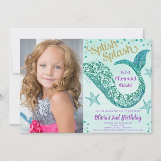 人魚の誕生日のティール(緑がかった色)の紫色の金ゴールドのグリッターの写真 招待状 (正面)