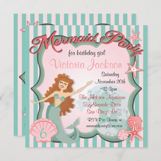人魚の誕生日のパーティの招待状 招待状 (正面/裏面)