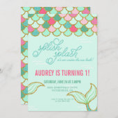 人魚の誕生日のパーティの招待状-金ゴールドのグリッター 招待状 (正面/裏面)