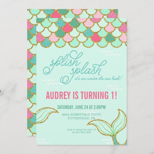 人魚の誕生日のパーティの招待状-金ゴールドのグリッター 招待状 (正面/裏面)