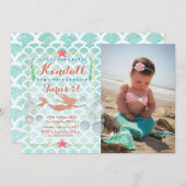 人魚の誕生日の写真の招待状 招待状 (正面/裏面)