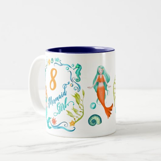 人魚の誕生日の女の子。 年齢を個人化して下さい + 名前 ツートーンマグカップ (正面左)