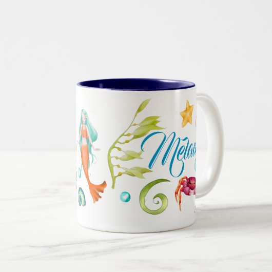 人魚の誕生日の女の子。 年齢を個人化して下さい + 名前 ツートーンマグカップ (正面右)