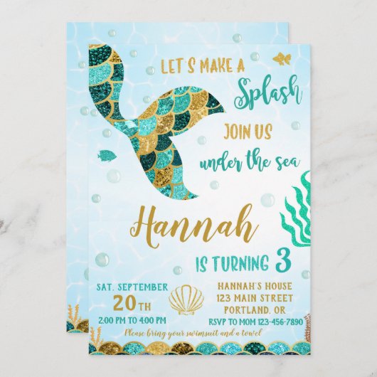 人魚の誕生日の招待ザシー招待状 招待状 (正面/裏面)