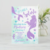 人魚の誕生日の招待状のティール(緑がかった色)および紫色 招待状 (スタンド正面)