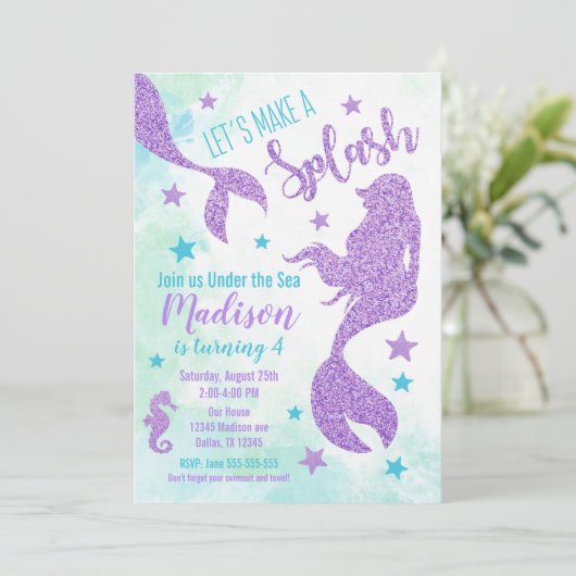 人魚の誕生日の招待状のティール（緑がかった色）および紫色 招待状 (スタンド正面)