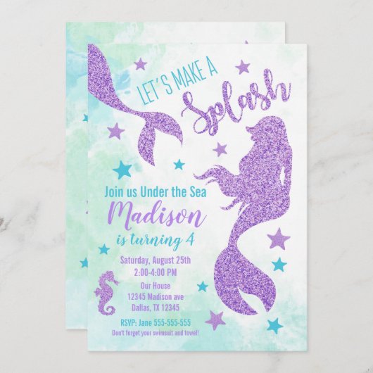 人魚の誕生日の招待状のティール(緑がかった色)および紫色 招待状 (正面/裏面)