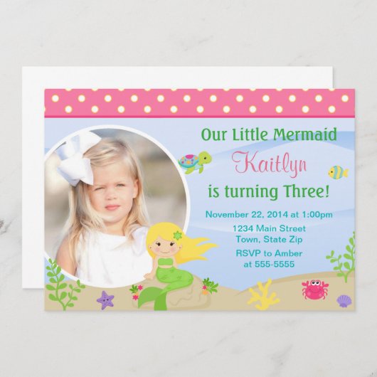人魚の誕生日の招待状のブロンド5x7写真カード 招待状 (正面/裏面)