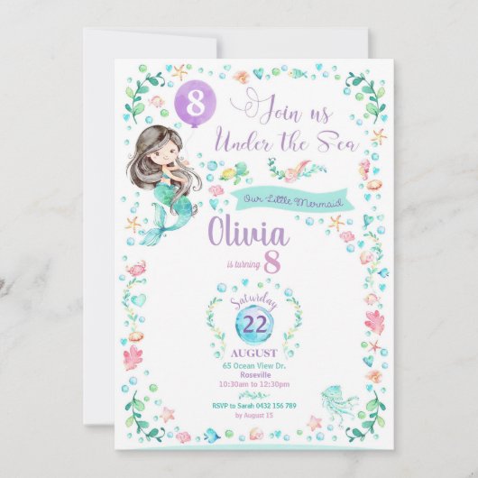 人魚の誕生日の招待状の人魚のパーティガール 招待状 (正面)