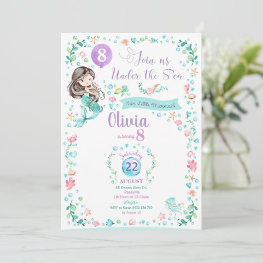 人魚の誕生日の招待状の人魚のパーティガール 招待状 (スタンド正面)