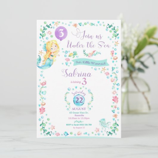 人魚の誕生日の招待状の人魚のパーティーのブロンドの女性 招待状 (スタンド正面)
