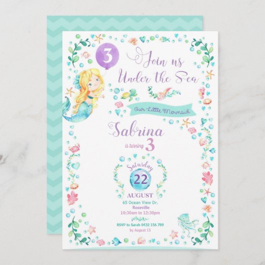 人魚の誕生日の招待状の人魚のパーティーのブロンドの女性 招待状 (正面/裏面)