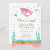 人魚の誕生日の招待状、水彩画の人魚 招待状 (正面/裏面)