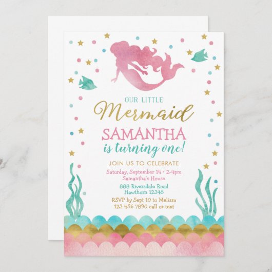 人魚の誕生日の招待状、水彩画の人魚 招待状 (正面/裏面)