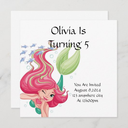 人魚の誕生日パーティーの女の子への招待 セーブザデート (正面/裏面)