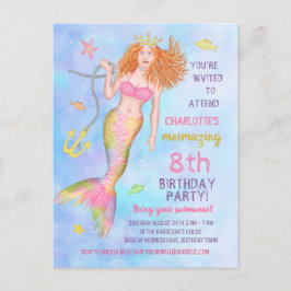 人魚の誕生日パーティーアンダーザシービーチレッドヘッド インビテーションポストカード