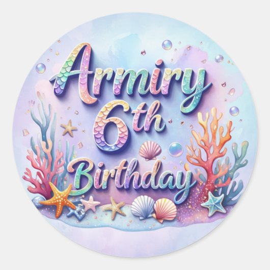 人魚の誕生日パーティーステッカー Armiry 6歳の誕生日 ラウンドシール (正面)