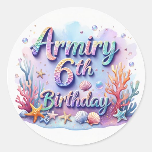 人魚の誕生日パーティーステッカー Armiry 6歳の誕生日 ラウンドシール (正面)
