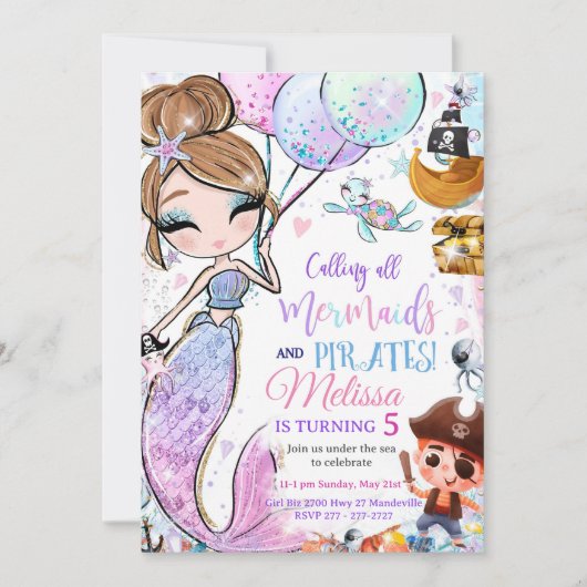 人魚の誕生日パーティー招待状　人魚と海賊 招待状 (正面)