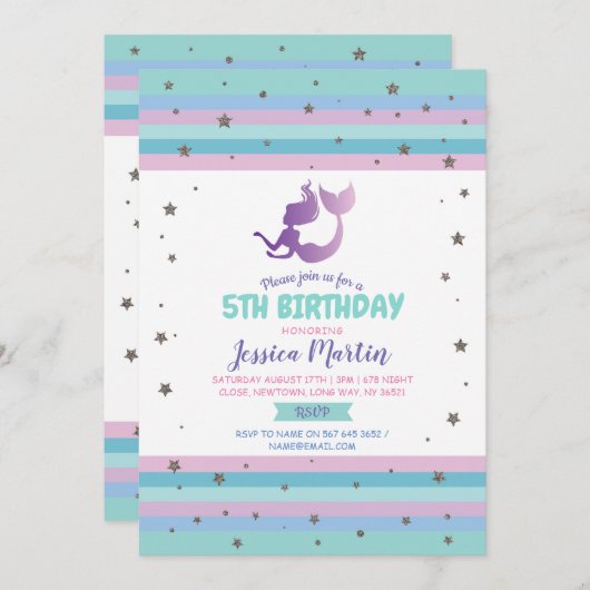 人魚の誕生日パーティー5歳6歳7招待状 招待状 (正面/裏面)