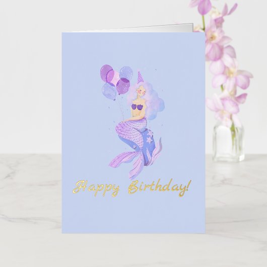 人魚の誕生日ブルー 箔グリーティングカード (蘭)