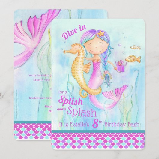 人魚の誕生日プールパーティーの招待状 招待状 (正面/裏面)