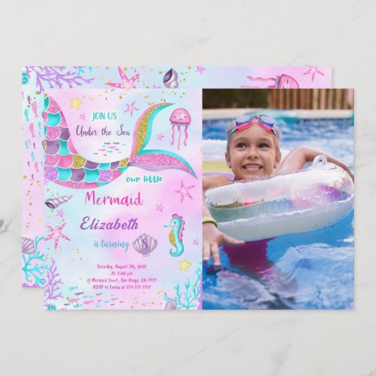 人魚の誕生日写真招待状 招待状 (正面/裏面)