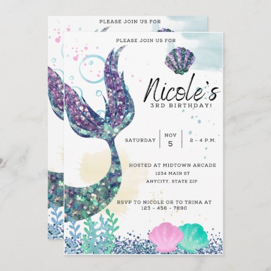 人魚の誕生日招待状テンプレート 招待状 (正面/裏面)