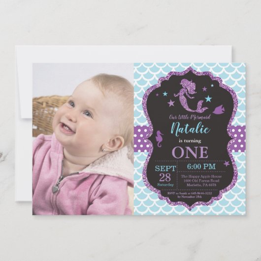 人魚の誕生日招待状 海の中のパーティー 招待状 (正面)