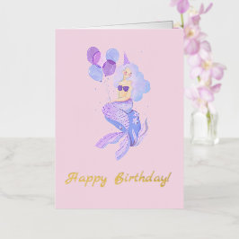 人魚の誕生日 ピンク 箔グリーティングカード