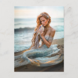 人魚の貝殻と海ビーチに座る シーズンポストカード
