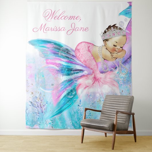 人魚の赤ちゃんのシャワーの背景 水色の人魚 タペストリー (インサイチュ)