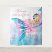 人魚の赤ちゃんのシャワー背景 水色の人魚 タペストリー (正面)