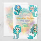 人魚の赤ちゃんのシャワー　海の中の女の子 招待状 (正面/裏面)