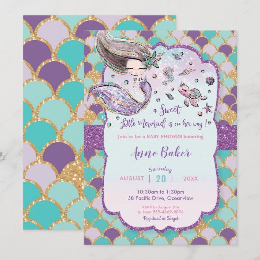 人魚の赤ちゃんのシャワー 海の生き物たちと美しい人魚 招待状 (正面/裏面)