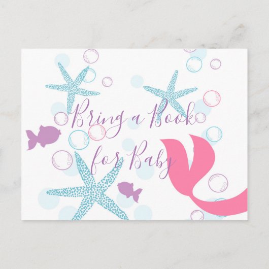 人魚の赤ちゃんシャワー持って本のティール（緑がかった色）紫ピンク インビテーションポストカード (裏面)
