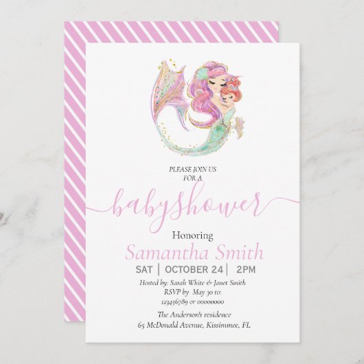 人魚の赤ちゃんシャワー甘い小さな人魚 案内状 (正面/裏面)