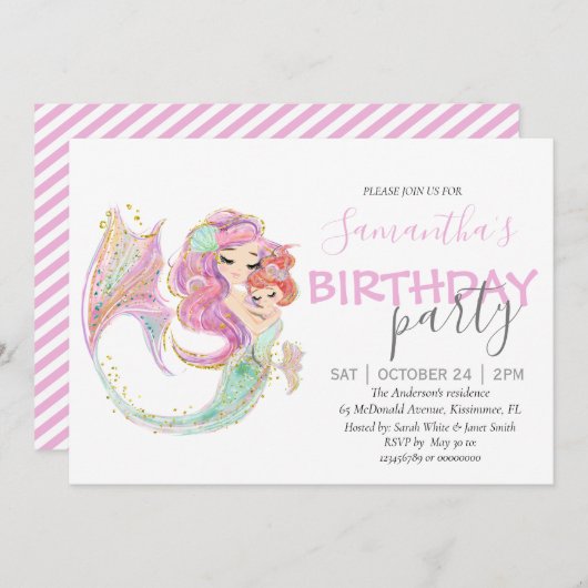 人魚の赤ちゃんシャワー甘い小さな人魚 案内状 (正面/裏面)