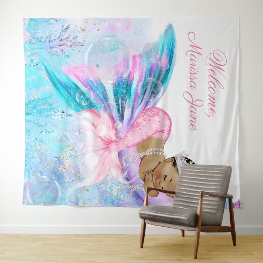 人魚の赤ちゃんシャワー背景エスニック人魚 タペストリー (インサイチュ(横))