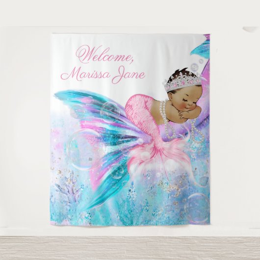 人魚の赤ちゃんシャワー背景エスニック人魚 タペストリー (正面)