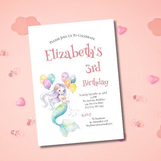 人魚の風船 女の子の誕生日パーティー 招待状