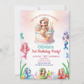 人魚の魔法の3歳誕生日パーティーの女の子 招待状 (正面)