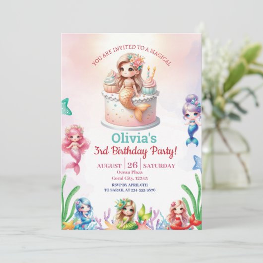人魚の魔法の3歳誕生日パーティーの女の子 招待状 (スタンド正面)