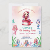 人魚の魔法の7歳の誕生日パーティーの女の子 招待状 (正面)