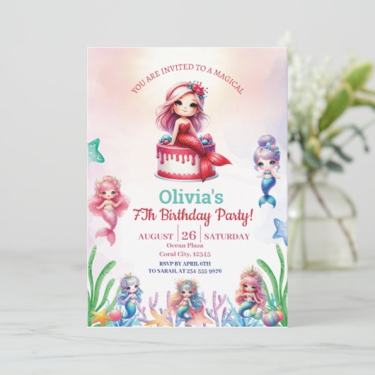 人魚の魔法の7歳の誕生日パーティーの女の子 招待状 (スタンド正面)